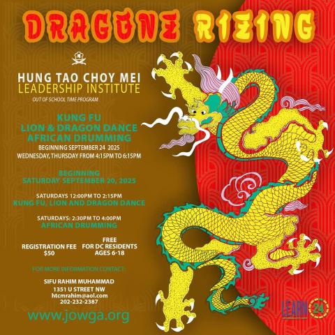 a rising dragon on red background with text about free children's programs