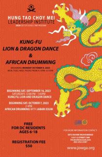 Text announces free after school Kung Fu and drumming program for DC kids